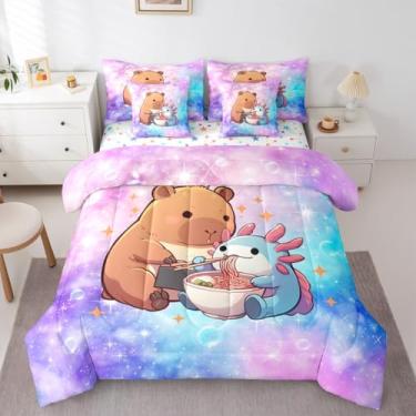 Imagem de Erosebridal Conjunto de edredom solteiro com desenho animado axolotl, animais selvagens, oceano azul, 7 peças, capivara, amantes de animais, cama em uma bolsa, ombré, aquarela, arte fluida, decoração