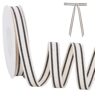 Imagem de TONIFUL Fita listrada preta 9,5 cm x 25,5 m, fita de algodão natural para embrulho de presente, projeto de artesanato, decoração de casa, buquê floral, casamento, dia dos namorados e decoração de