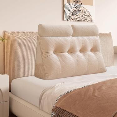 Imagem de Almofada triangular de veludo, almofada de cabeceira com capa removível para sofá-cama, suporte para posicionamento do encosto, almofada de descanso e leitura relaxante (bege com travesseiro de rolo