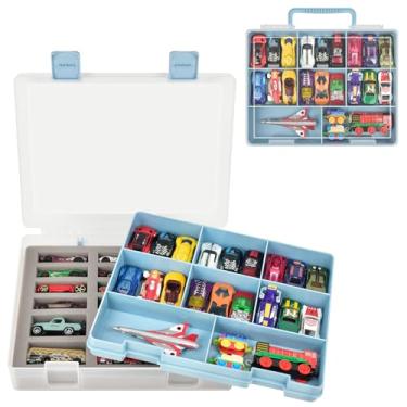 Imagem de Estojo de armazenamento de carro de brinquedo de camada dupla compatível com carros Hot Wheels, caixa de exibição transparente portátil com 18 compartimentos e 8 compartimentos para carros de