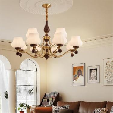 Imagem de Lustre contemporâneo de latão para sala de estar com LED, estilo retrô, criativo, para restaurante, quarto, escritório, hotel, casa de campo, café, luminária pendente (D 12 lâmpadas)