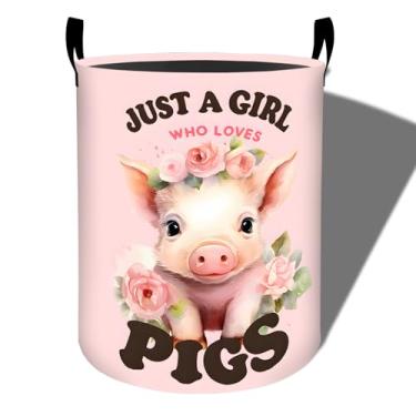 Imagem de amepay Cesto de roupa suja adorável de porco, tecido Oxford dobrável com design rosa rosa, cesto impermeável com alças, balde de armazenamento de roupas, organizador de brinquedos para banheiro