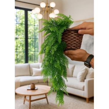 Imagem de Kit Planta Decorativa: Vaso Trançado Marrom + 1 Pendente Artificial Folhas De Samambaias(1 Pote 14 + 1 Pend Sam)