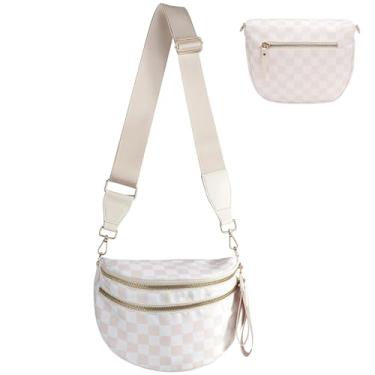 Imagem de Bolsa transversal quadriculada para mulheres, bolsa quadriculada de nylon, pochete grande, bolsa tiracolo, Bege/branco, One Size, Xadrez