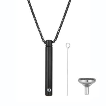 Imagem de KOFISNI Colar de urna de cremação cilíndrica para homens e mulheres, urna de bar, zircão, pingente de cremação, colar de aço inoxidável, joia de cinzas, cubo de cinzas para mulheres e homens, 55cm