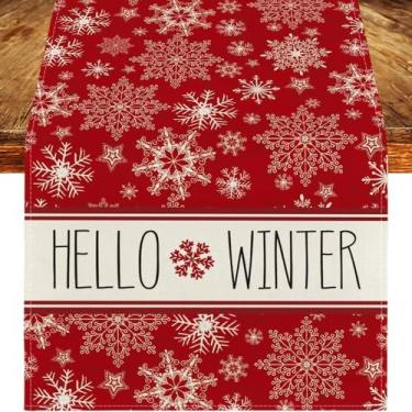 Imagem de Caminho de mesa de Natal de inverno 33 x 121 cm flocos de neve vermelhos Natal sazonal decoração de mesa de jantar para decoração de mesa de jantar para interior e exterior decoração de festa em casa