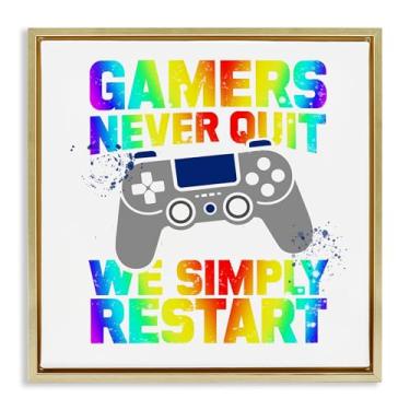 Imagem de Stupell Industries Arte de parede em tela flutuante marrom Rainbow Gamers Never Quit, design de Kim Allen, 45,7 x 45,7 cm