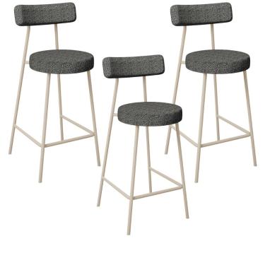 Imagem de Kit 03 Banquetas Baixa Cozinha Sala Jantar Bancada Milão Arena L02 Linho Mescla Chumbo - Lyam Decor