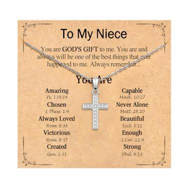 Imagem de PODLEV Presentes para sobrinha, colar com pingente de cruz de zircônia cúbica minúscula banhada a prata 40,6 cm + 5 cm, joias cristãs, confirmação, batismo, Páscoa, Natal, aniversário, presentes de