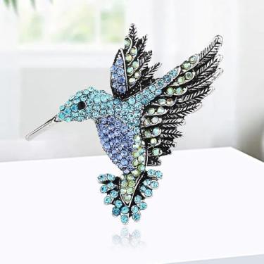 Imagem de Broche de beija-flor cintilante, crachá de lapela de animal incrustado de cristal para banquete vestido de formatura joias presente (azul/verde), standard, Cobre, Sem Pedra Preciosa