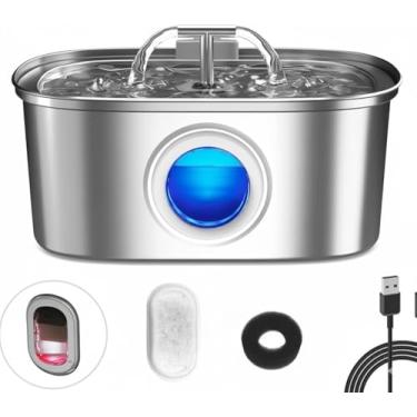 Imagem de Fonte de Água para Gatos e Cães em Aço Inox, Bebedouro Automático com LED, Alimentação USB, Filtro Substituível