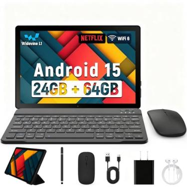 Imagem de Tablet Android atualizado 2025 de 10,1 polegadas com tela sensível ao toque IPS HD, câmera dupla, armazenamento de 64 GB, expansão de 1 TB, kit de tablets 8 em 1 com teclado, capa protetora, mouse