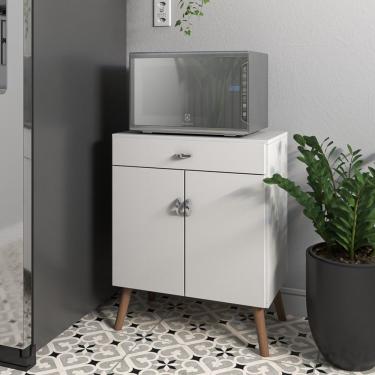 Imagem de Balcão Para Micro Ondas Cozinha Com Portas E Gaveta Pés Palito Branco