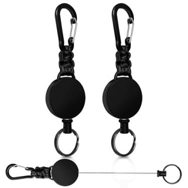 Imagem de Chaveiro retrátil pacote com 2 porta-crachás de mosquetão resistente, carretel de crachá de identificação tático, chaveiro retrátil com cordão extensível de aço de 60 cm e paracord (preto + preto)