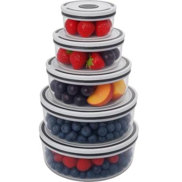 Imagem de Kit 5 Potes Organizadores de Geladeira Redondos Transparente com Tampa Hermética Borracha Isolante, Ideal para Freezer/Microondas - Organizador de Frutas Legumes e Saladas