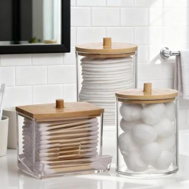 Imagem de Potes de armazenamento de acrílico para banheiro com tampas marrons, pacote com 3 recipientes organizadores transparentes para cotonetes de algodão, bolas de algodão, almofadas de maquiagem