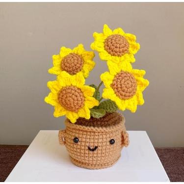 Imagem de ANNE'S GIVERNY Vaso de flores de crochê feito à mão com flores intercambiáveis, girassóis brancos, azuis, rosa, amarelos, plantador decorativo, presente de bem-estar (girassol)