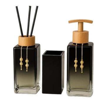 Imagem de Banheiro kit lavatório sabão líquido aroma e escova suporte quadrado vidro(Preto Degrade C/Amadeirado)