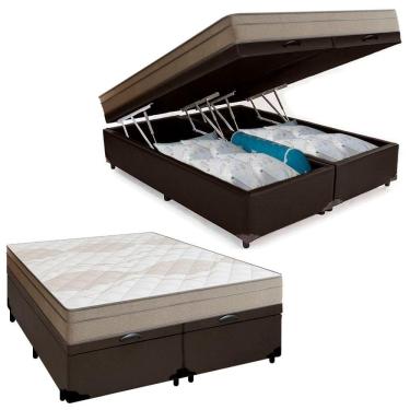 Imagem de Cama Box Baú Casal Bipartido Sintético + Colchão De Molas Ensacadas Portobel Ipanema - 138x188x66cm Marrom