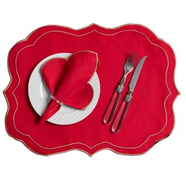 Imagem de Kit Jogo Americano Sousplat Bordado Suplat de Mesa Posta Redondo/Retangular e Guardanapos (Realeza Vermelho, Mesa 6 Lugares (12 Peças))