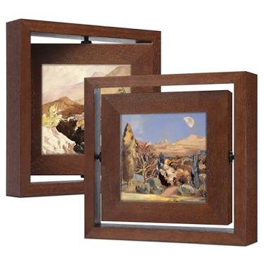 Imagem de Gdfmsc Moldura giratória 10 x 10 cm, pacote com 2, tela de visualização frente e verso, vidro de madeira de pinho, moldura de mesa independente vertical ou horizontal, nogueira