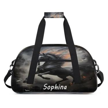 Imagem de Bolsa esportiva personalizada animal cavalo retrô Blak com nome bolsa personalizada para dormir bolsa de fim de semana, bolsa de treino para dança, balé, academia, ginástica, mala de viagem, presente
