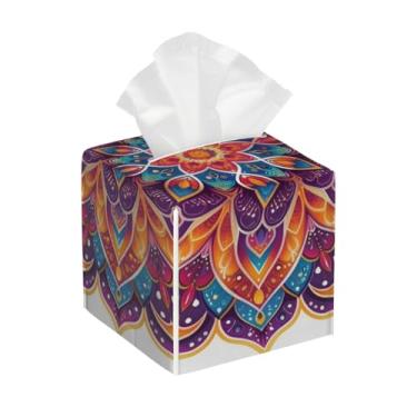 Imagem de Porta-lenços de couro quadrado impermeável colorido mandala étnico organizador de papel facial com cinto inferior cubo estojo de lenços para mesa, banheiro, escritório, mesa, carro, decorativo