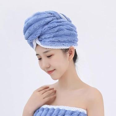 Imagem de Chapéu de cabelo seco de lã coral de água de absorção rápida touca de banho feminina toalha de cabelo de limpeza espessa acessório de banheiro (azul)