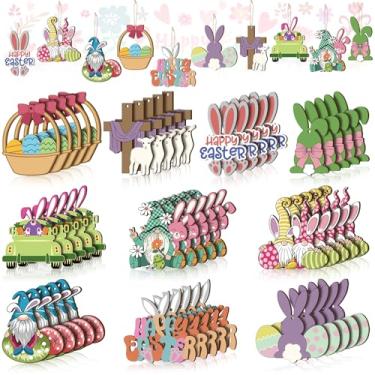 Imagem de Leinuosen 50 peças de enfeites de madeira de Páscoa para árvore feliz Páscoa enfeites de madeira pendurados coelho ovo primavera decoração de árvore gnomo pintinho fatias de madeira pingente com corda