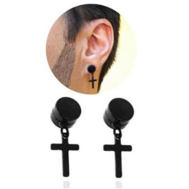 Imagem de Brinco Pressão Magnético Falso Alargador com pingente Cruz Preto Masculino Aço-Unissex