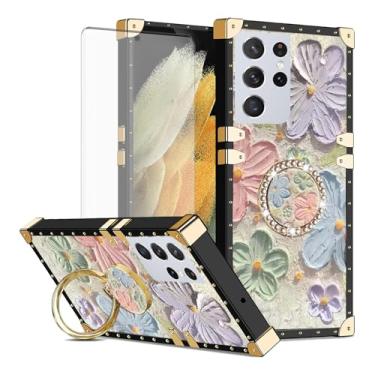 Imagem de Asuwish Capa de celular para Samsung Galaxy S21 Ultra 5G capa magnética com protetor de tela de vidro temperado e anel protetor de flor de pintura suporte rígido S21ultra 21S S 21 21ultra G5 feminino