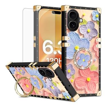 Imagem de Asuwish Capa de celular para iPhone 17 de 6,3 polegadas com protetor de tela de vidro temperado e flor de pintura anel protetor à prova de choque suporte rígido i Phone17 i17 17 capa feminina rosa