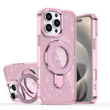 Imagem de Capa transparente de luxo com suporte metálico brilhante e carregamento sem fio magnético para iPhone 16, 15, 14 Plus, 13, 12, 17 Pro Max e 17 Air (para iPhone 13 Pro/Rosa)