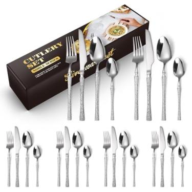 Imagem de AUXOM Faqueiro 24 Peças em Aço Inox 416 - Jogo de Talheres Premium com Caixa Litografada, Textura Martelada e Polido de faca e garfo Conjunto para Mesa Posta e Utensílios de Casa/Restaurante (Prata)