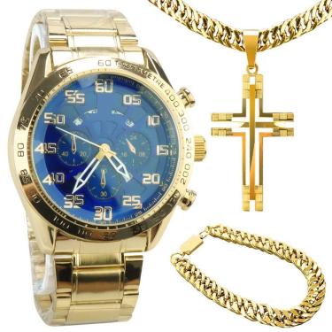 Imagem de Relogio Prova Dagua Aço Inox + Pulseira + Cordão Grosso Casual Fundo Azul Social