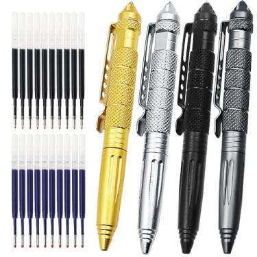 Imagem de JOMPENS Pacote com 4 canetas táticas com 20 refis (10 pretas + 10 azuis) – disjuntor de vidro de autodefesa, esferográfica torcida para EDC, sobrevivência, acampamento