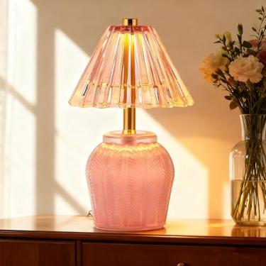 Imagem de ONXE Lâmpada operada por bateria com temporizador, luminária de mesa pequena vintage sem fio para prateleira de mesa de escritório, lâmpada de cabeceira rosa para sala de estar, entrada, quarto