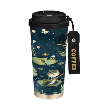 Imagem de YETTASBIN Caneca de café Frog Lotus com isolamento térmico de 482 g com tampa canudo, copo à prova de derramamento e vazamento com alça para bebida quente e fria, garrafa de água de aço inoxidável