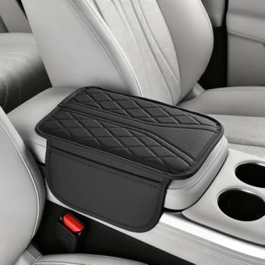 Imagem de 1 almofada de apoio de braço de couro sintético para carro | Descanso de cotovelo confortável, design de costura elegante, ajuste universal para todos os veículos com bolsa de armazenamento - Preto