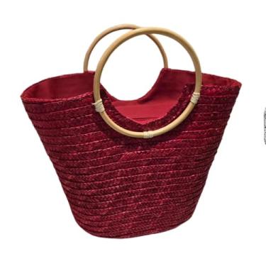 Imagem de Bolsa Grande Cesta Feminina com Alça de Madeira, Poliéster, 39x29x16cm, Fechamento em Zíper, para Praia e Piscina