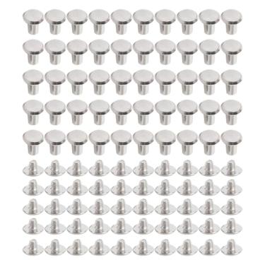 Imagem de Kit de parafusos de rebites de aço inoxidável M4 porcas de grampo redondas planas para artesanato em couro e encadernação. 50 conjuntos de parafusos de rebites, incluindo rebites, parafusos de fixação