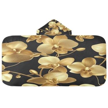 Imagem de Burbuja Toalha de banho com capuz com flores de orquídea dourada para crianças, toalha de praia de pelúcia macia absorvente para meninas e meninos 3-10 anos, 61 x 127 cm
