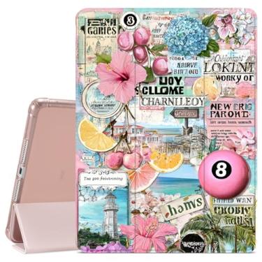 Imagem de VibrantFruitique Capa de colagem retrô para iPad 9ª/8ª/7ª geração de 10,2 polegadas (versão 2021/2020/2019), capa protetora de flores tropicais, porta-lápis, parte traseira de TPU macio transparente e