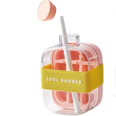 Imagem de Copo de gelo e água em um, bandeja de gelo sem toque, garrafa de água com canudo, fácil de pressionar para liberar a bandeja vertical de cubos de gelo com tampa (rosa, L-800 ml)