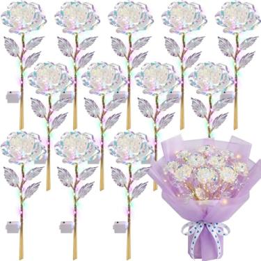 Imagem de Lyrow 12 peças de flores de LED com luzes de LED coloridas artificiais, arco-íris, galáxia, para namorada, mãe, dia das mães, aniversário, casamento, dia dos namorados, 24 cm (branco)