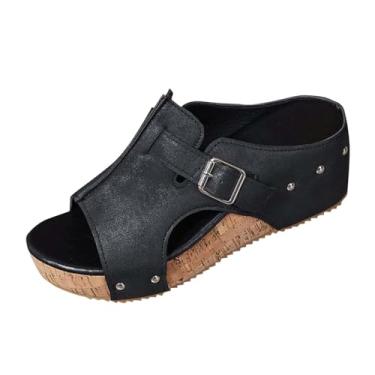 Imagem de Chinelos femininos de salto plataforma com fivela para moda casual ao ar livre com salto de 6,5 cm, Preto, 34