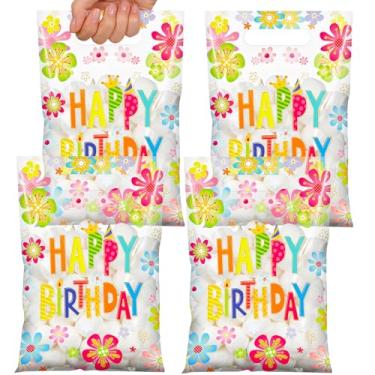 Imagem de Funrous 50 peças de sacolas de lembrancinhas de feliz aniversário, flores coloridas, sacolas plásticas com alças transparentes para doces, presentes para festa em casa, decoração de chá de bebê