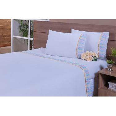 Imagem de Jogo Lençol 4 Peças Cama Queen 198x158 100% Algodão 180 Fios Barrado em Lese (Colorido, 25cm)