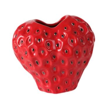 Imagem de Ioensy Vaso de cerâmica em formato de morango, ideal para arranjos de mesa, plantas e outras ocasiões. Perfeito para presentear em inaugurações de casa, Red S