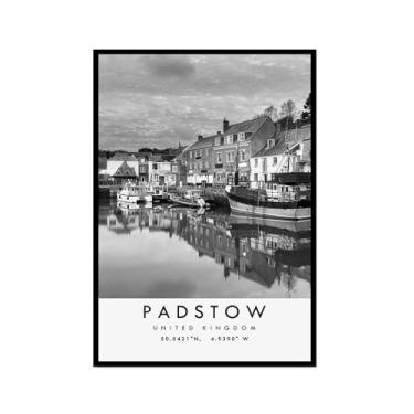 Imagem de Pôster de viagem preto e branco impresso paisagem da cidade do mundo pintura em tela Padstow decoração de casa (16 x 24 polegadas (40 x 60 cm), moldura para fotos)